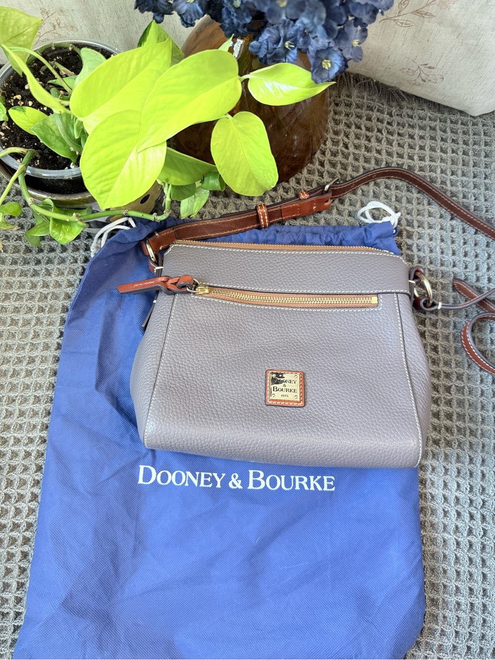 Dooney & Bourke Gray Pebble Leather Crossbody with Brown Trim